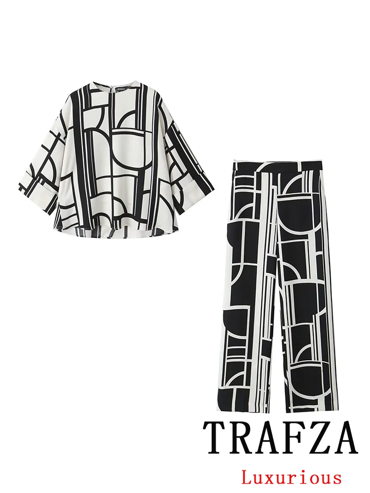 TRAFZA Vintage Casual Chic Women Suit Geometric Print O-Neck Top Loose Long Zipper Wide Leg Pants New Fashion 2024 Autumn Sets