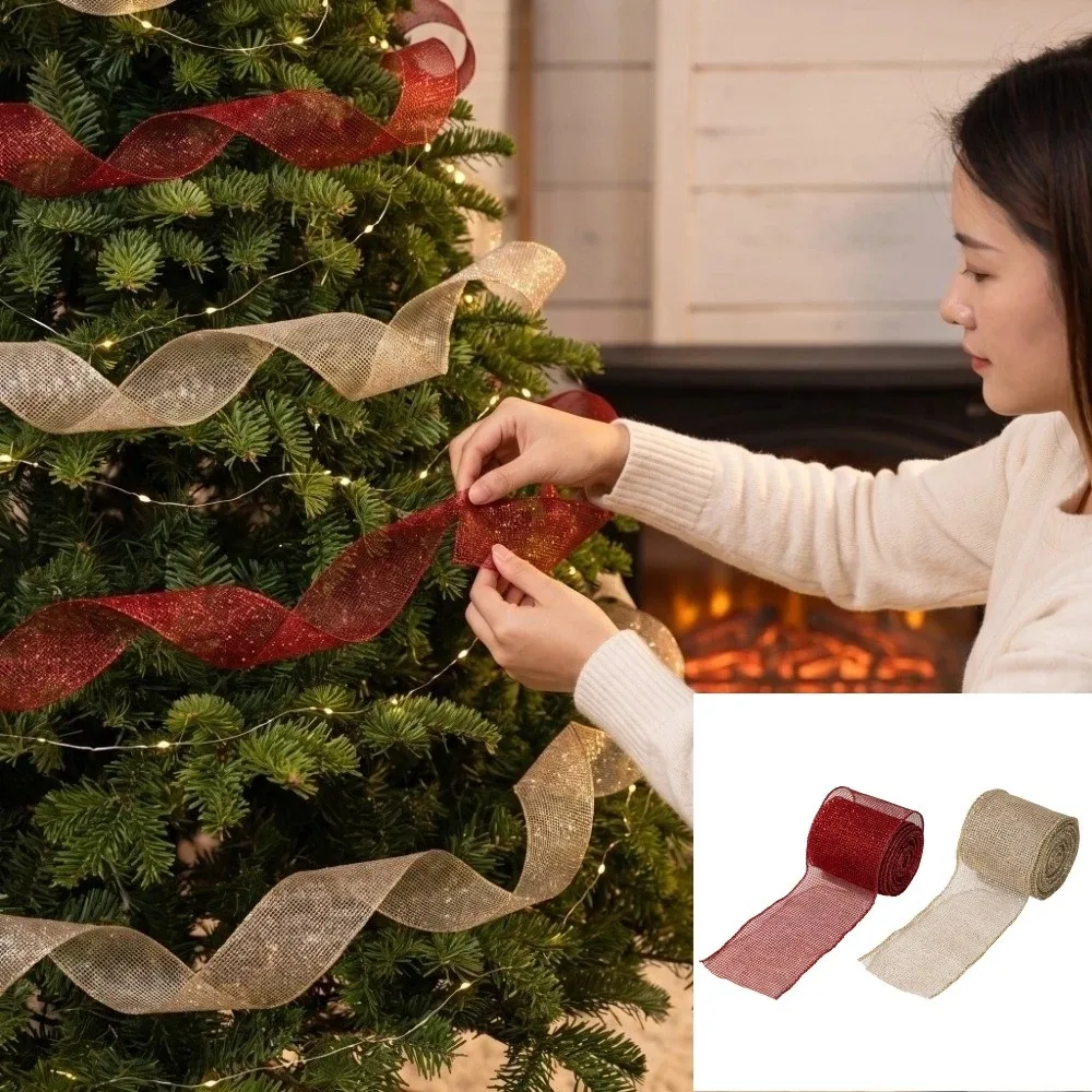 2.5in Wide Christmas Tree Mesh Ribbon 1Roll 179.13in Wavy Binding Metallic Mesh Ribbon Bowknot Material DIY Wreath Ribbon