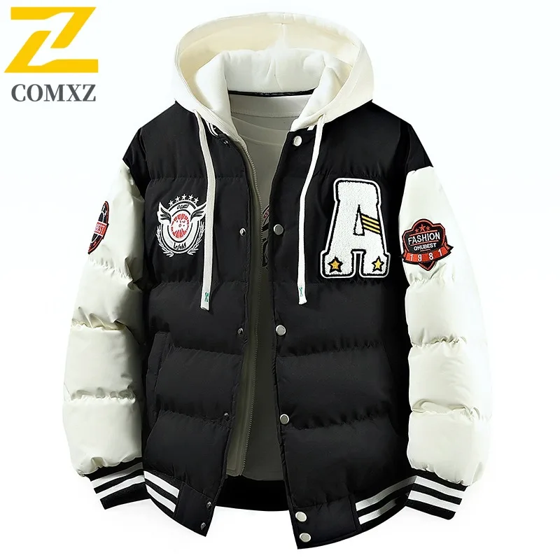 

COMXZ Hooded Padded Jacket Letter Print Designer Handsome Lightweight Snow Ski Bread Jacket Winter Loose Cotton-Padded Jackets