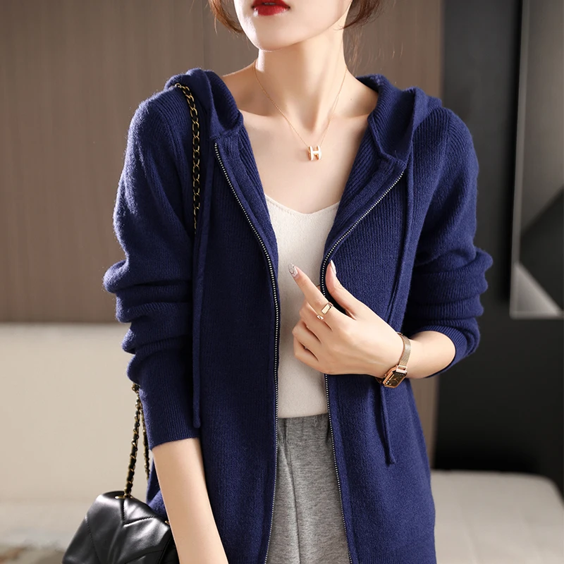 Spring, Autumn And Winter New Hooded Sweater Long Sleeve Zipper Knitted Cardigan Sweater Loose Casual Coat