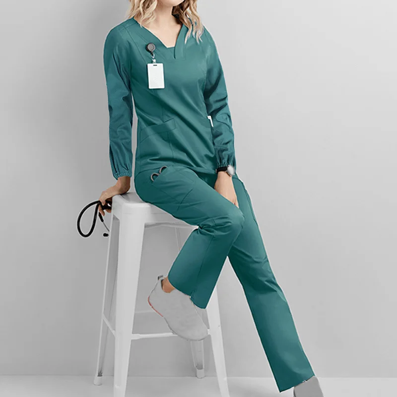 Esfoliantes uniformes médicos femininos 2023 manga longa com decote em v bolso cuidados trabalhadores camiseta topos outono uniformes de enfermera mujer