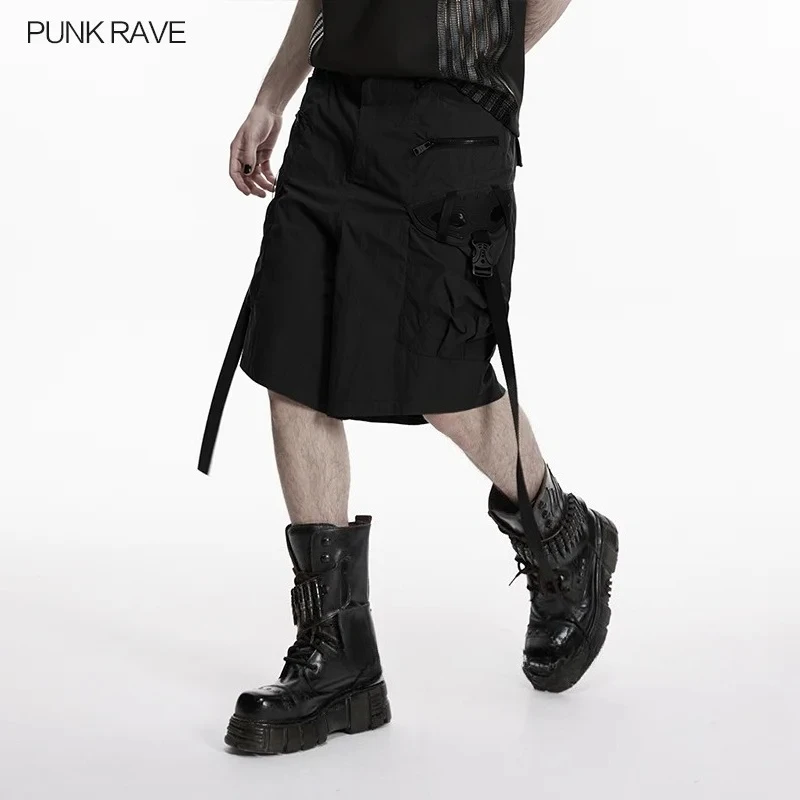 PUNK RAVE Men's Woven & Breathable Mesh Lining Cargo Shorts 3D Pockets Cold Hard Texture Black Casual Capri Pants