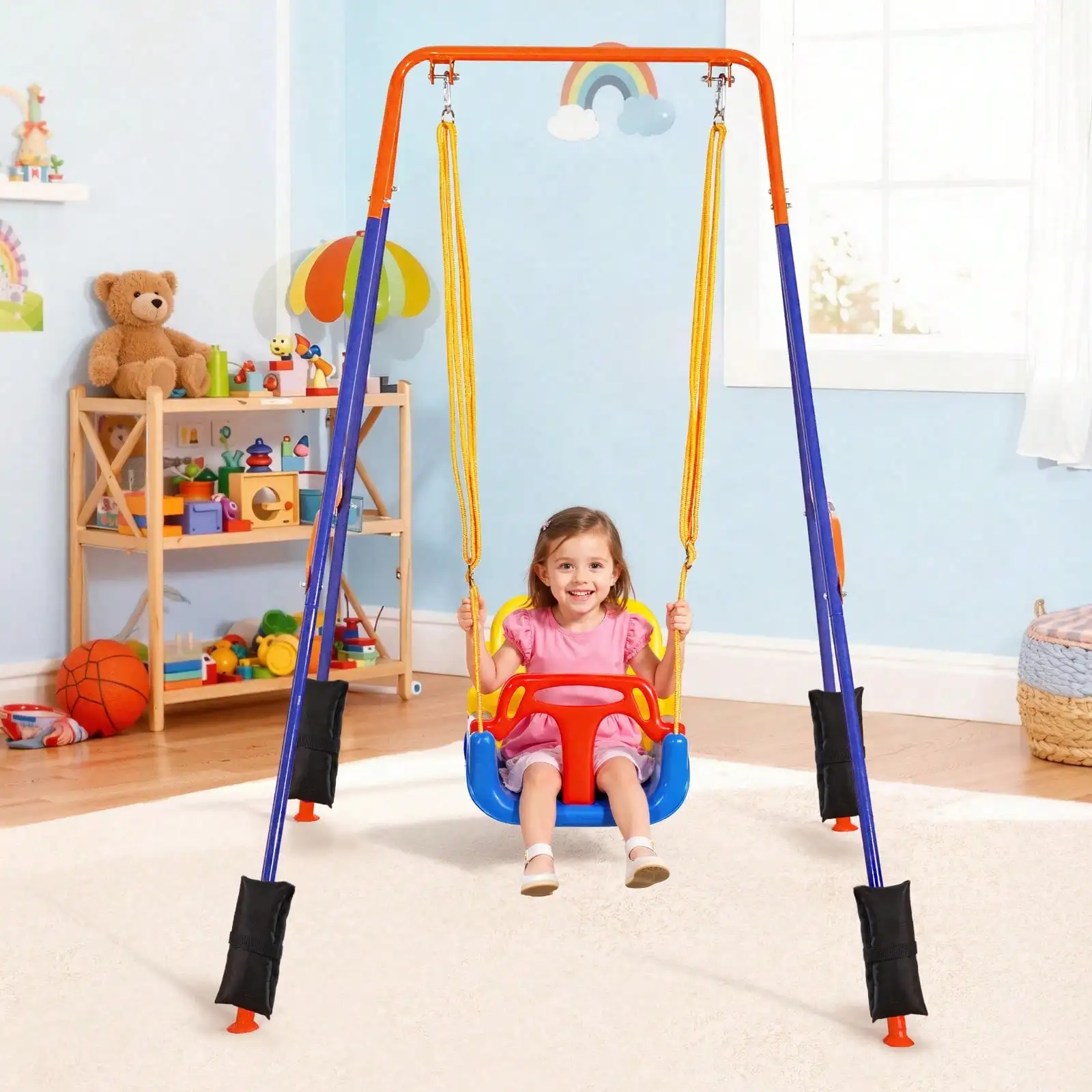 2‑In‑1 Toddler Swing and Jumper Set, Kids Bouncer Swing with Thick Plastic Seat, Foldable A‑Frame Metal Stand Reinforced by 4 Sandbags, Easy to Assemble & Store, Safe Indoor & Outdoor Play Equipment for Little Children Backyard Home Use