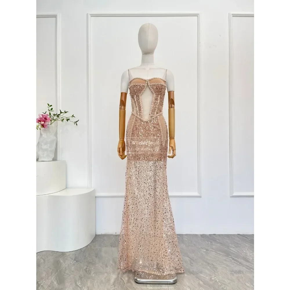 Paillettes perles sans manches dos nu poussiéreux rose Tube Maxi robes pour la fête