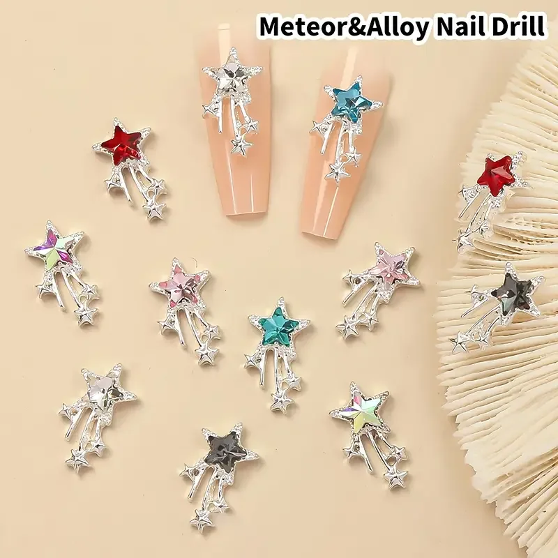 10Pcs/1Box 3D Luxury Metal Alloy Star Nail Charms Pendant Rhinestones Diamonds Crystal Gems Pearls Design For Nail Art DIY Decor