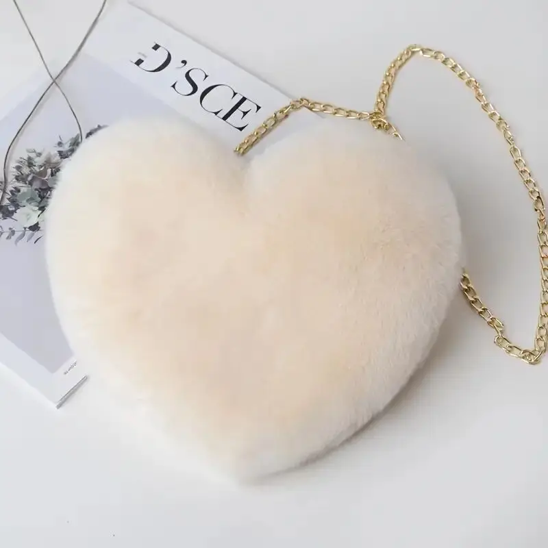 Heart Shaped Fluffy Shoulder Bag Fashion Chain Crossbody Bag Plush Handbag Cute Zipper Purse For Valentine\'s Day