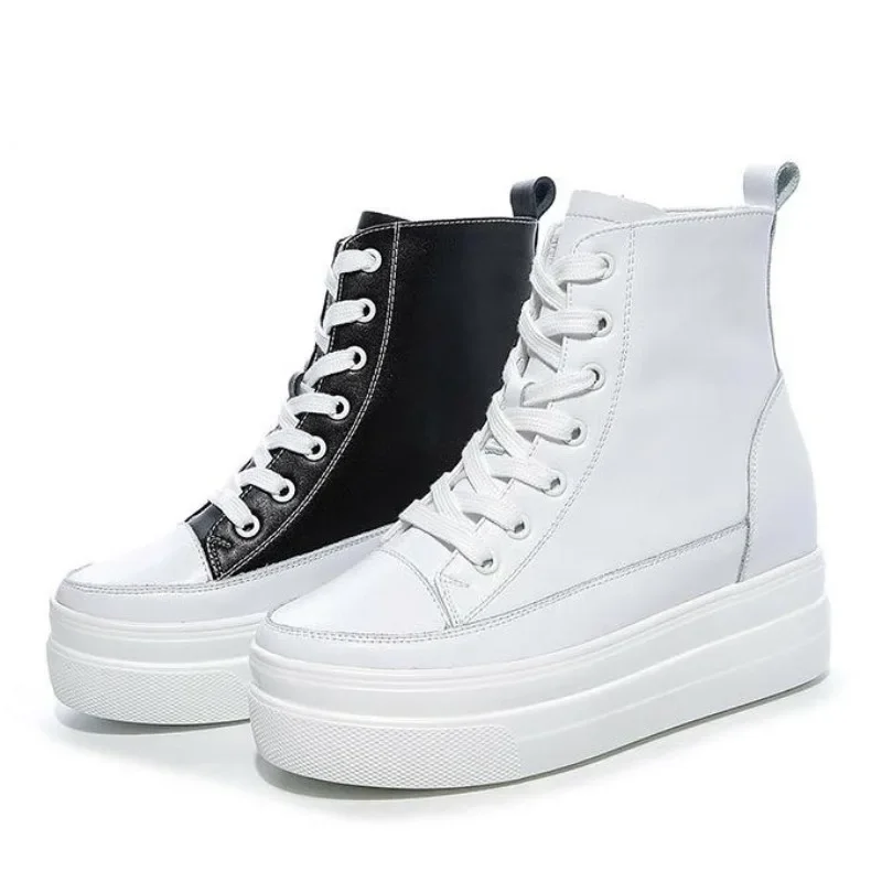 8CM Echtes Leder High Top Mode Atmungsaktive Casual Dicken Boden Frauen Schuhe Winter Plüsch Plattform Runde Kappe frauen Schuhe