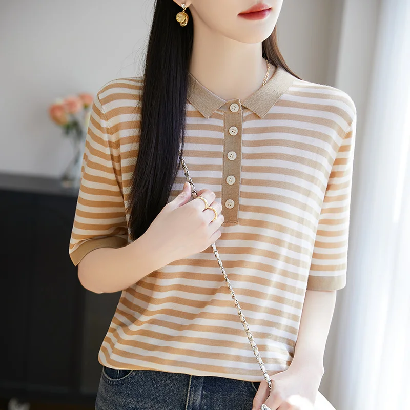 T-shirt col POLO femme été nouveau 100% Laisai pull tricoté à manches courtes chemise rayée décontractée pull femme haut ample
