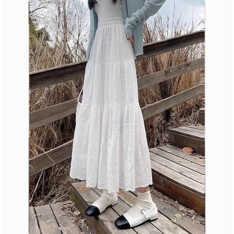 White Embroidered Hollow out A-Line Skirt Women's High Waist Slimming Summer Long Skirt Initial Love Fairy Tale Style Cake Skirt
