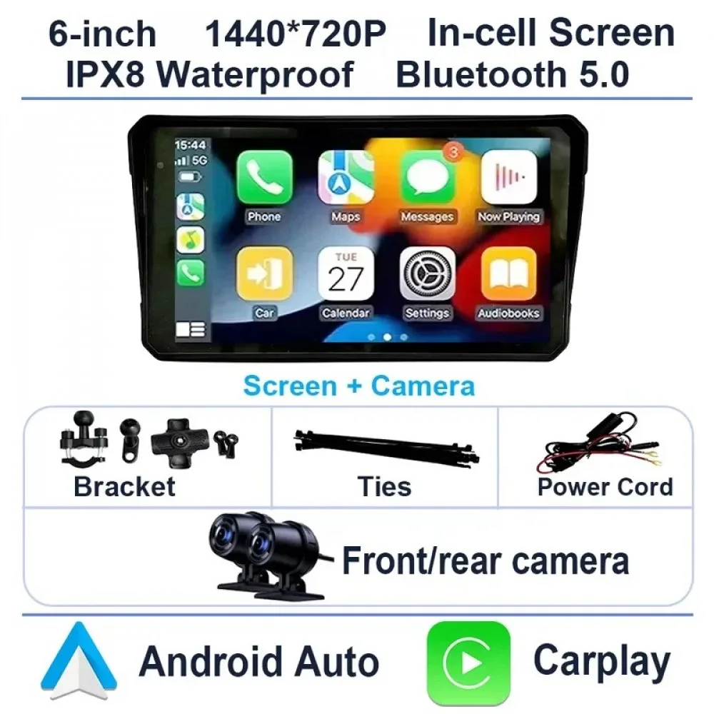 NEW 6'' Motorcycle DVR GPS Navigator 2K Dash Cam Wireless Carplay Android Auto IPX8 Waterproof Moto Front Rear Camera