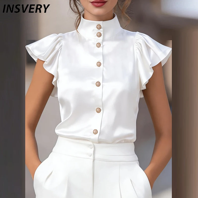 Office Lady Shirt Tops Female Fashion Short Sleeve Shirt Women Summer Button Blouses For Women Elegant Silk Shirt White Blue