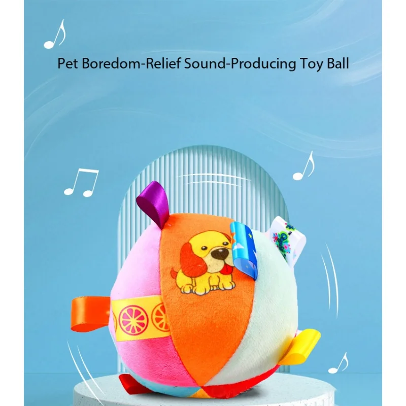

Dog toy with sounds to entertain, plush ball for pets, durable, and great for chewing and physical exercise.