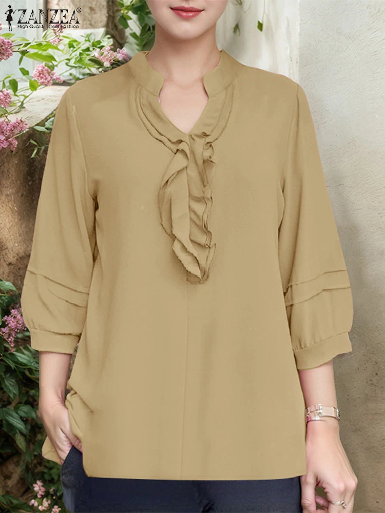 

ZANZEA Office Women Blouse Stylish Autumn Ruffles Shirt Casual V Neck 3/4 Sleeve Tops Female OL Work Shirts Solid Loose Chemise