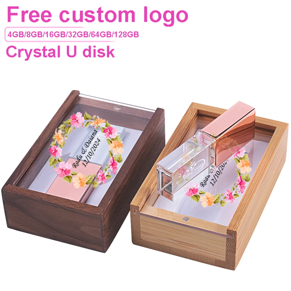 Free Custom Logo Crystal USB Flash Drive 64GB 32GB High Speed Memory Stick 64GB Photography Studio Pen Drive 32GB Wedding Gift