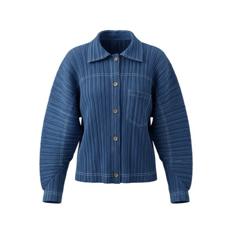 Pleated Women's Short Jacket 2026 Autumn New Style Turn-down Collar Long Sleeve Top Fashion Faux Denim Fold Stretch Shirt