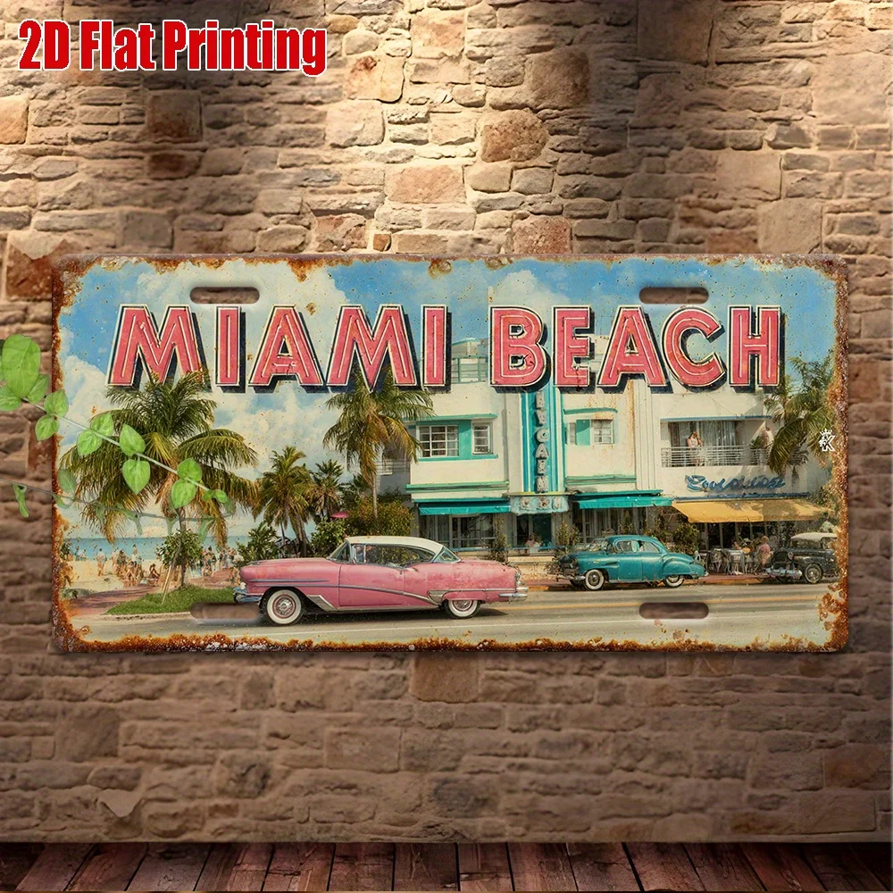 2D Flat -1pc, Vintage Metal Tin Sign, Outdoor Plaque & Wall Decor, Miami Beach Sign, Retro Decoration, Seaside, Vintage Cars,
