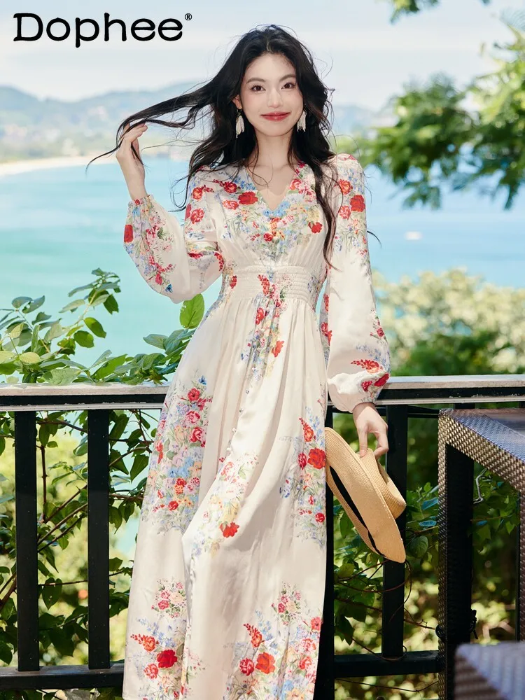 

French Retro Sweet Elegant Lady Floral Long-sleeved Dress 2026 Spring New Vacation Style High Waist Split Women's Long Dress