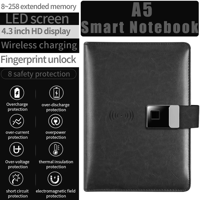 A5 Smart Notebook-Wireless Charger 10000mAh,Fingerprint Unlock,Card Pocket,Calculator,Vedio Music Player,HD Display Notebooks