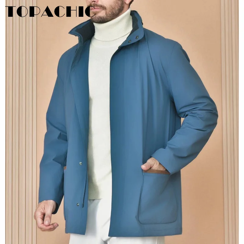 9.19 TOPACHIC-Men's Wool Knit Lining Jacket Stand Collar Spliced Leather Double Pocket Zipper Casual Outerwear