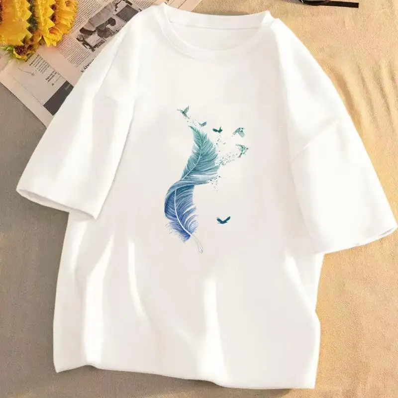 

Ins Tagram Feathered Couple Crew Neck Men's and Women's Printed Fashion Internet Celebrity Commuter Short-sleeved T-shirt