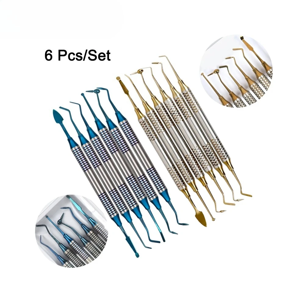 6Pcs/Kit Orthodontic Composite Resin Filling Spatula Restoration Tool Titanium Plated Head Resin Filler Set Thick Handle