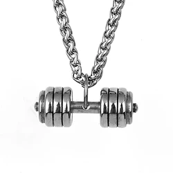 Men's Fitness Dumbbell Pendant Necklace Punk Hip Hop Silver Color Stainless Steel Necklace Jewelry Gift for Boyfriend