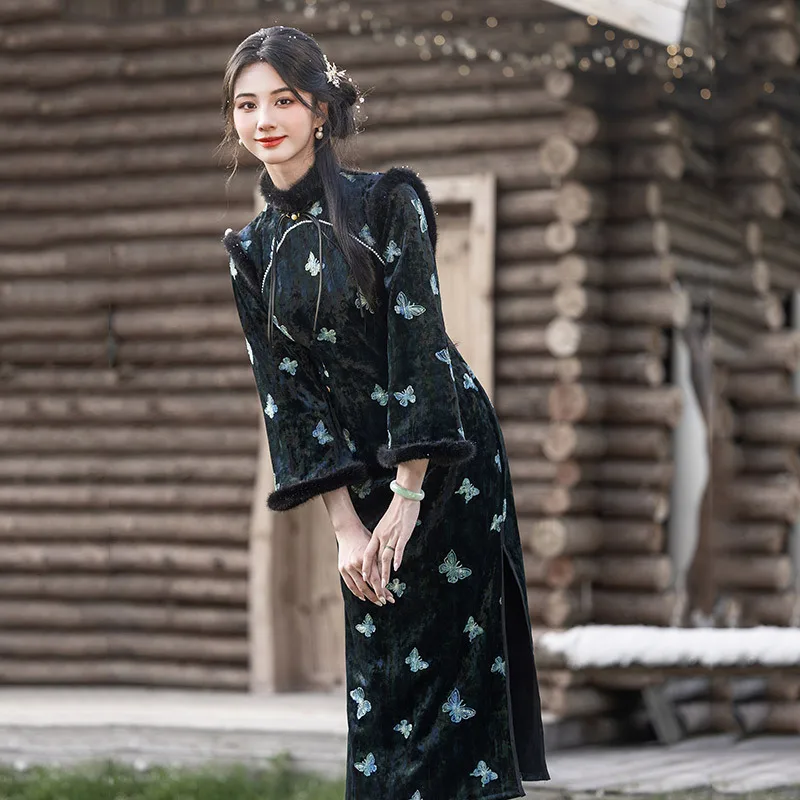 

Черное бархатное платье Cheongsam с длинными рукавами, новинка 2023 года, осень и зима, новое улучшенное платье в китайском стиле для молодежи, Qipao