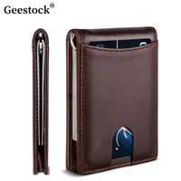 Geestock-cartera para tarjetas de crédito de 2 pliegues, cuero de microfibra, Rfid, cepillo antirrobo, Clip para dólar, monedero corto para hombre, tarjetero delgado