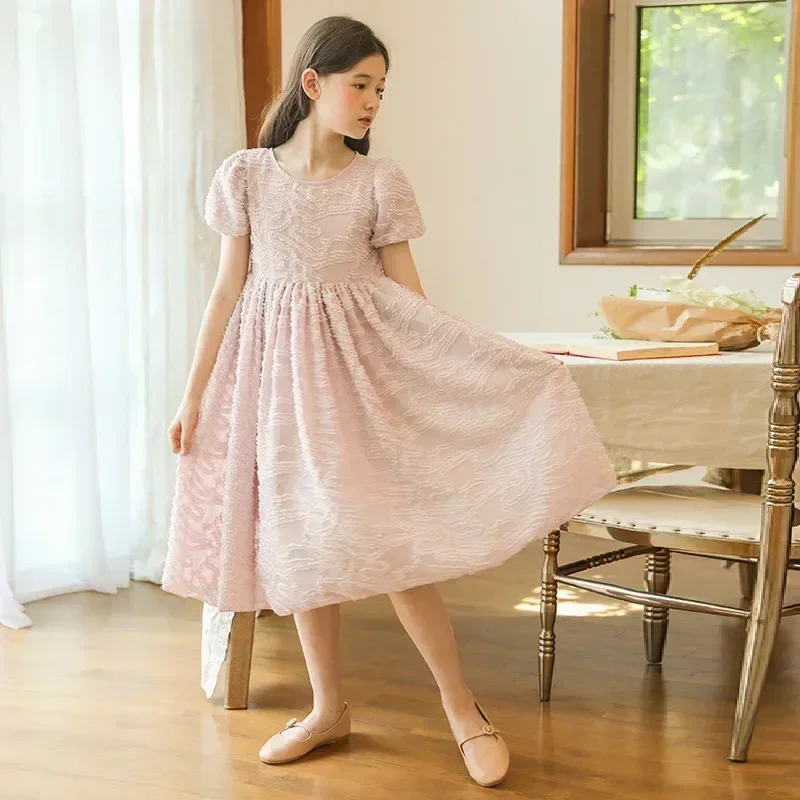 Jacquard Dress for Girls Summer Short Sleeve Fashion Pink Party Princess Dresss 2024 New Casual Elegant Kids Costumes 13 14 Year