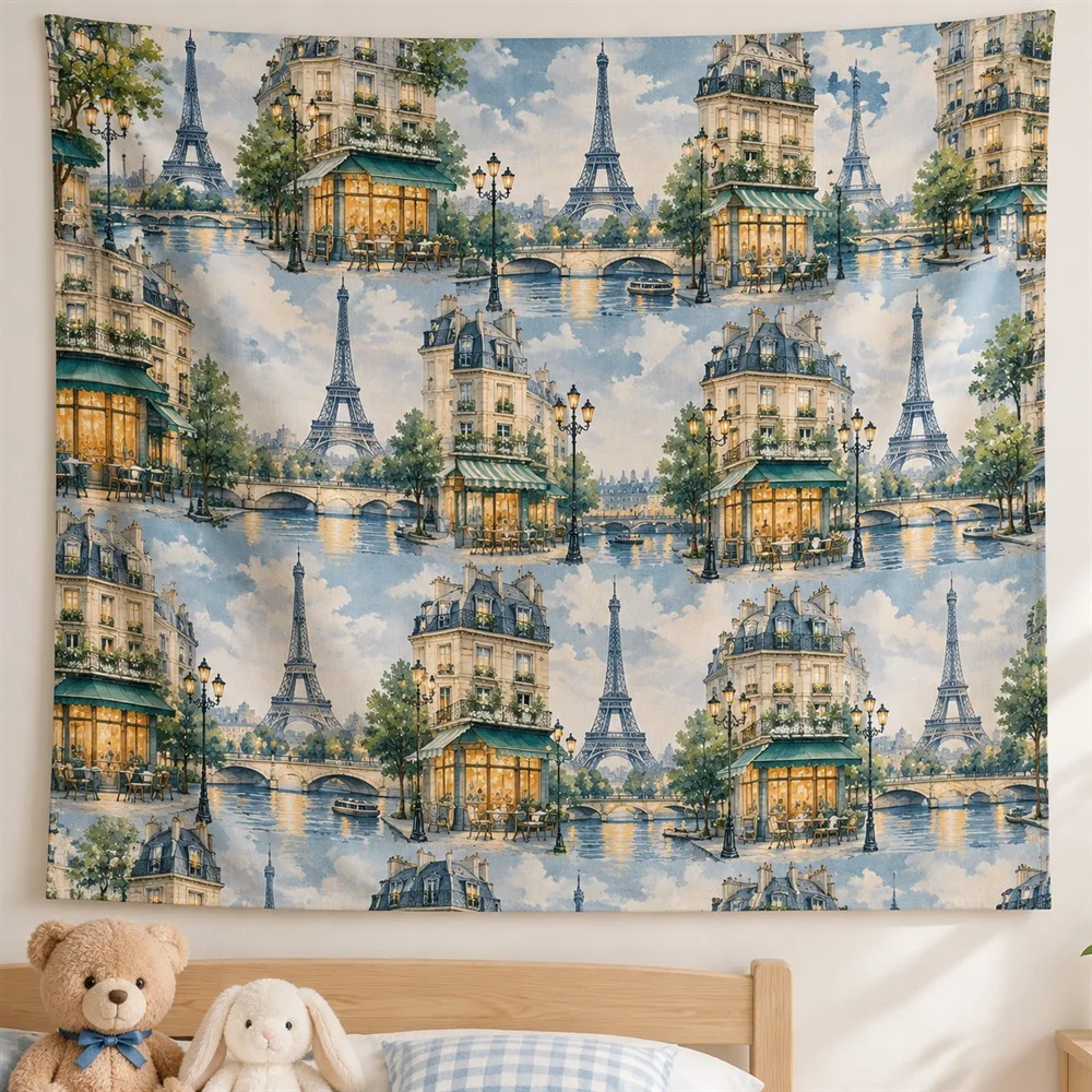 VIKAMA Paris Street Scene Tapestry Wall Hanging, French Aesthetic Room Decor Wall Art Tapestries for Living Room Bedroom Study