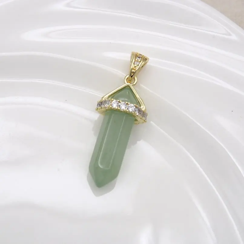 Invisible Setting Gold Color Pendant Hexagon Hexagonal Prisms Crystal Pillar Point Copper Cubic Zirconia Aventurine Jewelry