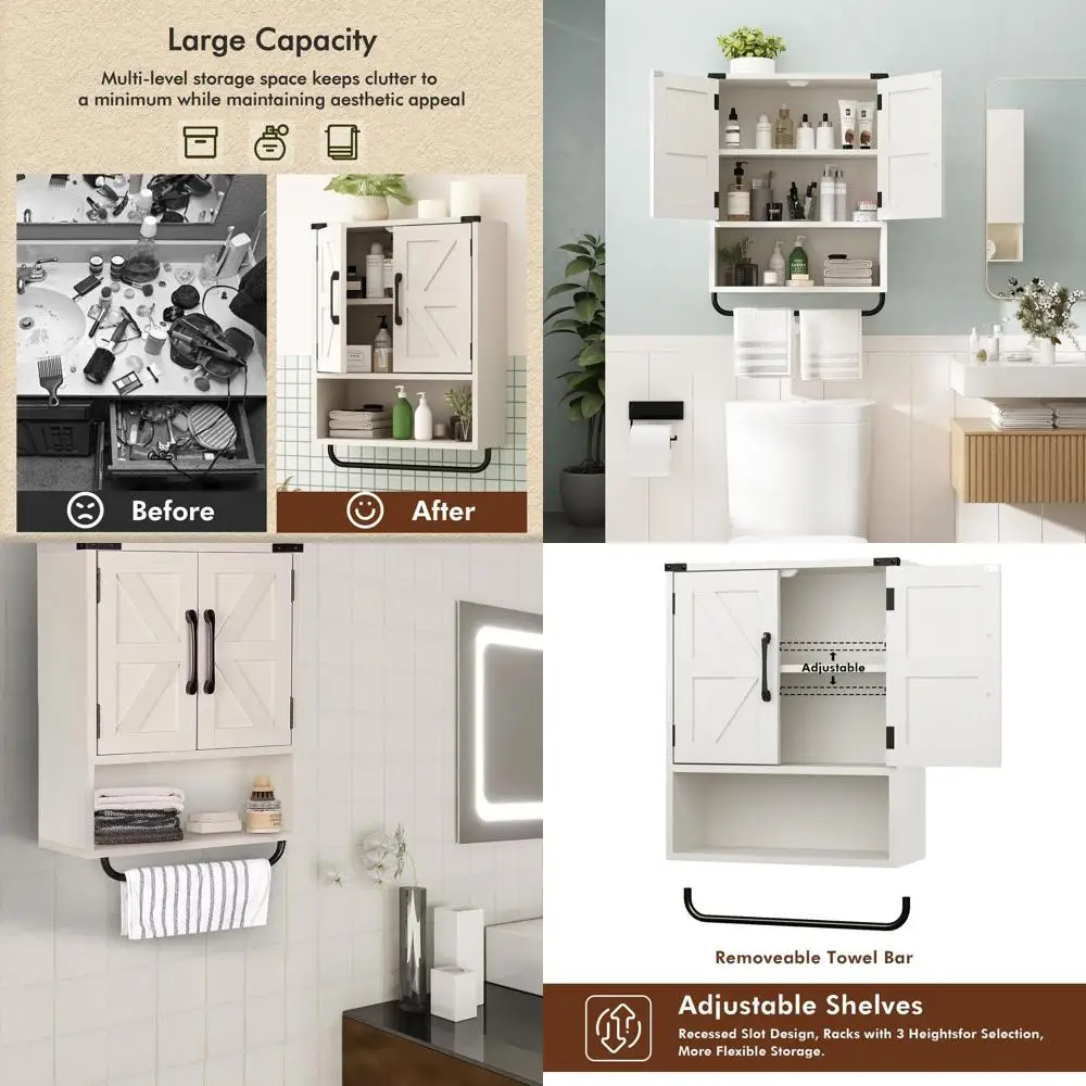 

Two-Door Barn Style Wall Storage Cabinet with Adjustable Shelves and Towel Bar, Suitable for Kitchen, Bathroom, and Living Room