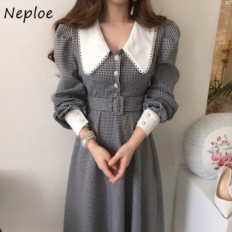 Lace Check Chic Puff Sleeve Woman Dress Korean Temperament Lapel Robe Single Breasted Slim Waist Vestidos with Belt