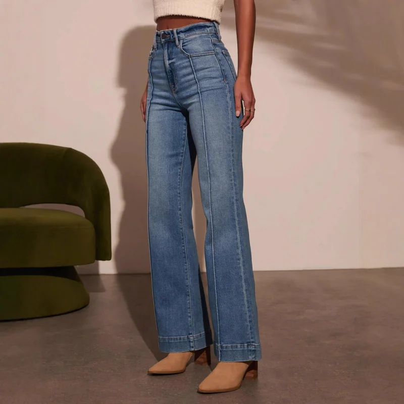 Damskie spodnie w stylu europejskim i amerykańskim, nowe, elastyczne, z szerokimi nogawkami, modne i eleganckie jeansy.