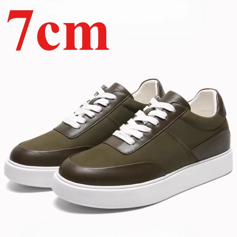 Men's Height Increasing Shoes Elevator 7cm Casual Sneakers Retro Brown Olive Green Board Shoes Lightweight and Fashionable Shoes