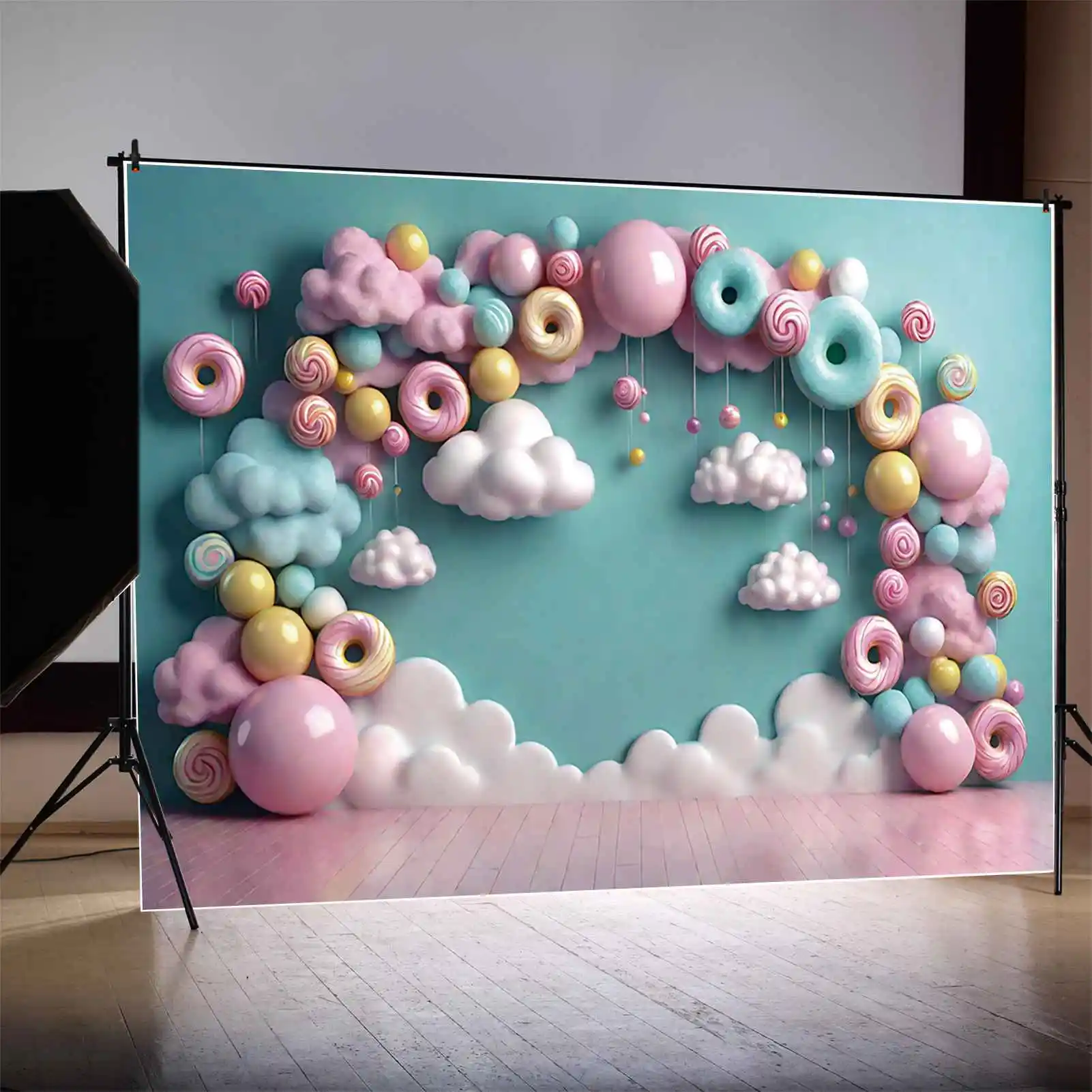 MOON.QG Fairy Candyland Birthday Backdrop Doughnut Cotton Candy Cloud Sky Background Party Decoration Photography Shooting Props