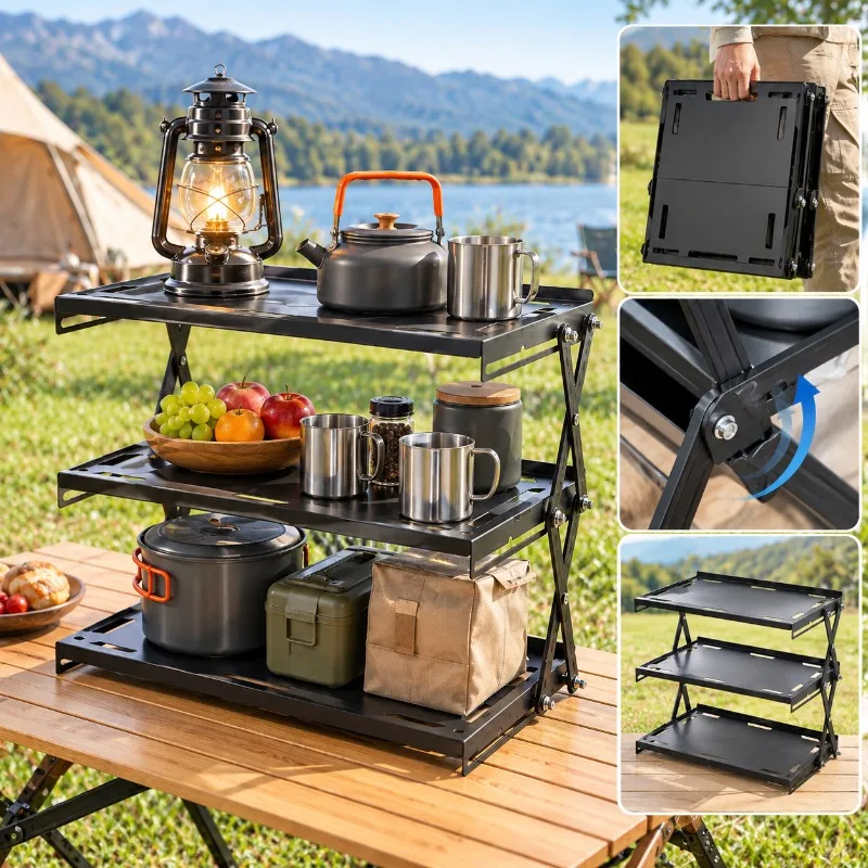 Portable Folding Camping Storage Rack, 3 Tier Metal Organizer Shelf, Multi Purpose Display Stand for Outdoor Travel Picnic Gear