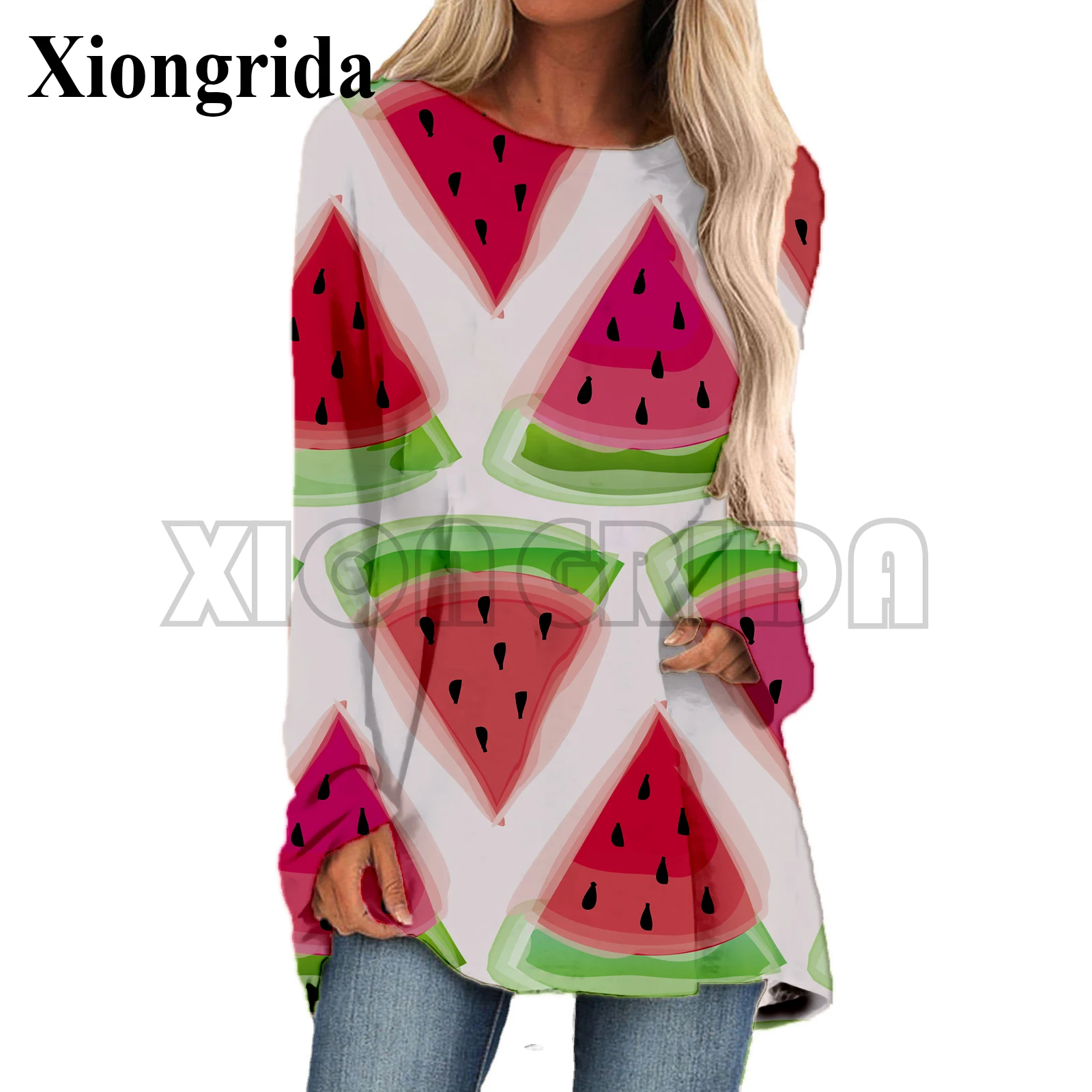 

Novelty Watermelon Printed T-shirts Women's Crew Neck Long Sleeve T shirts 3D Fruit Print Oversized T Shirt Women Clothing