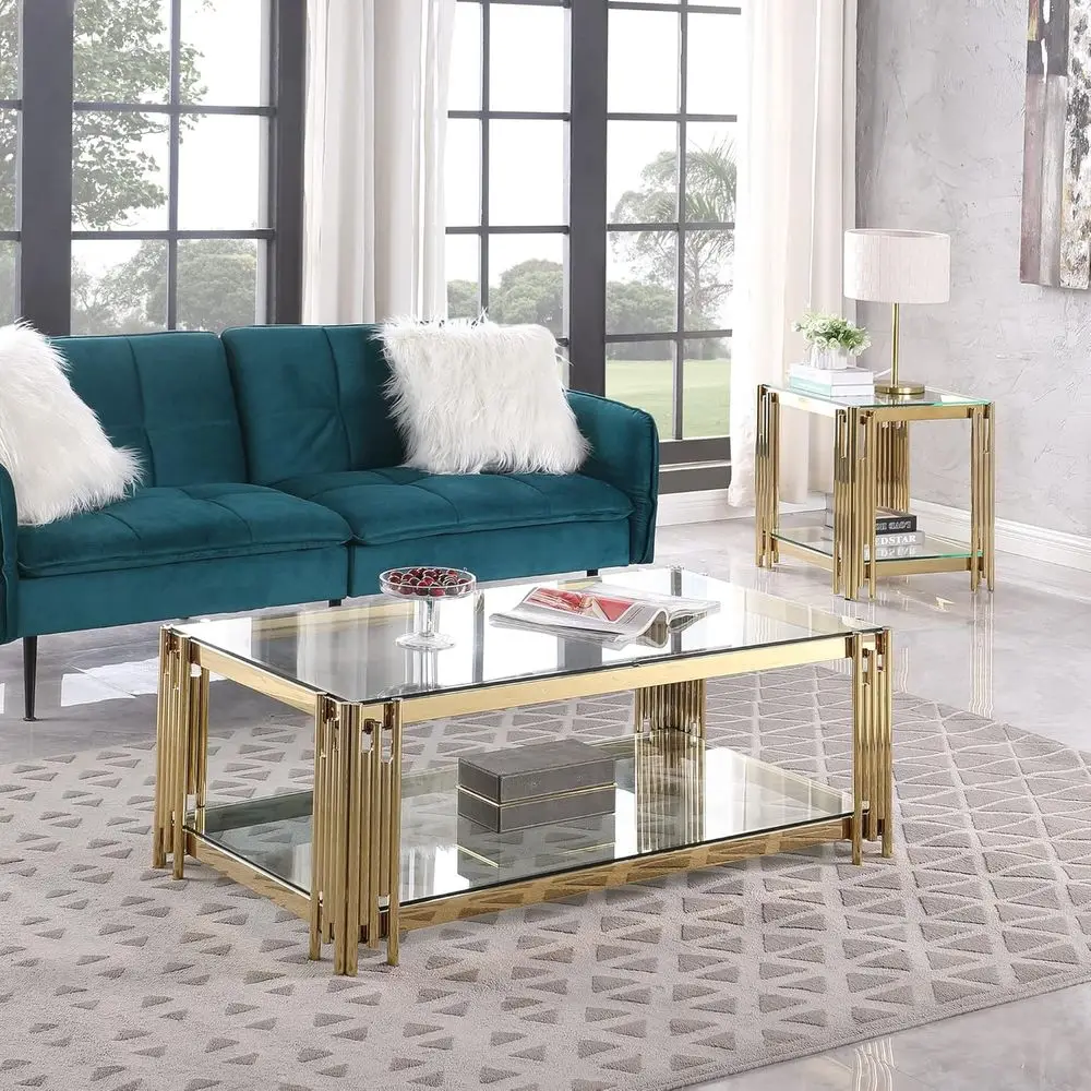 

48” RecGlass Coee Table, 2-Tier Coee Table with Clear Tempered Glass Top n Mirrored StainlSteel Legs, ern Luxury Center Table wi