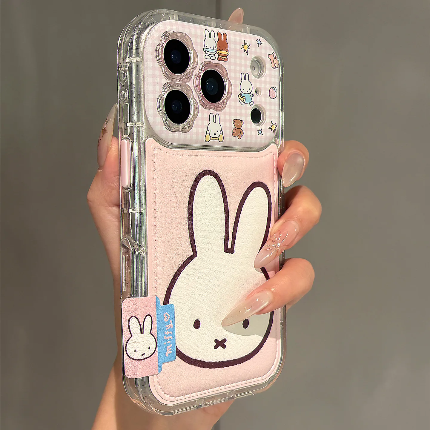 Pink Cartoon Miffy Leather Phone Case With Foldable Mirror Bracket All-inclusive Anti-drop Cover For iPhone 17promax 17 16 15 14