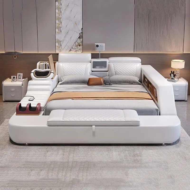 

Modern White Bed Simple Massager Usb Charge Adjustable Leather Bed Bedroom Storage Comferter Lozko Wielofunkcyjne Furniture Home