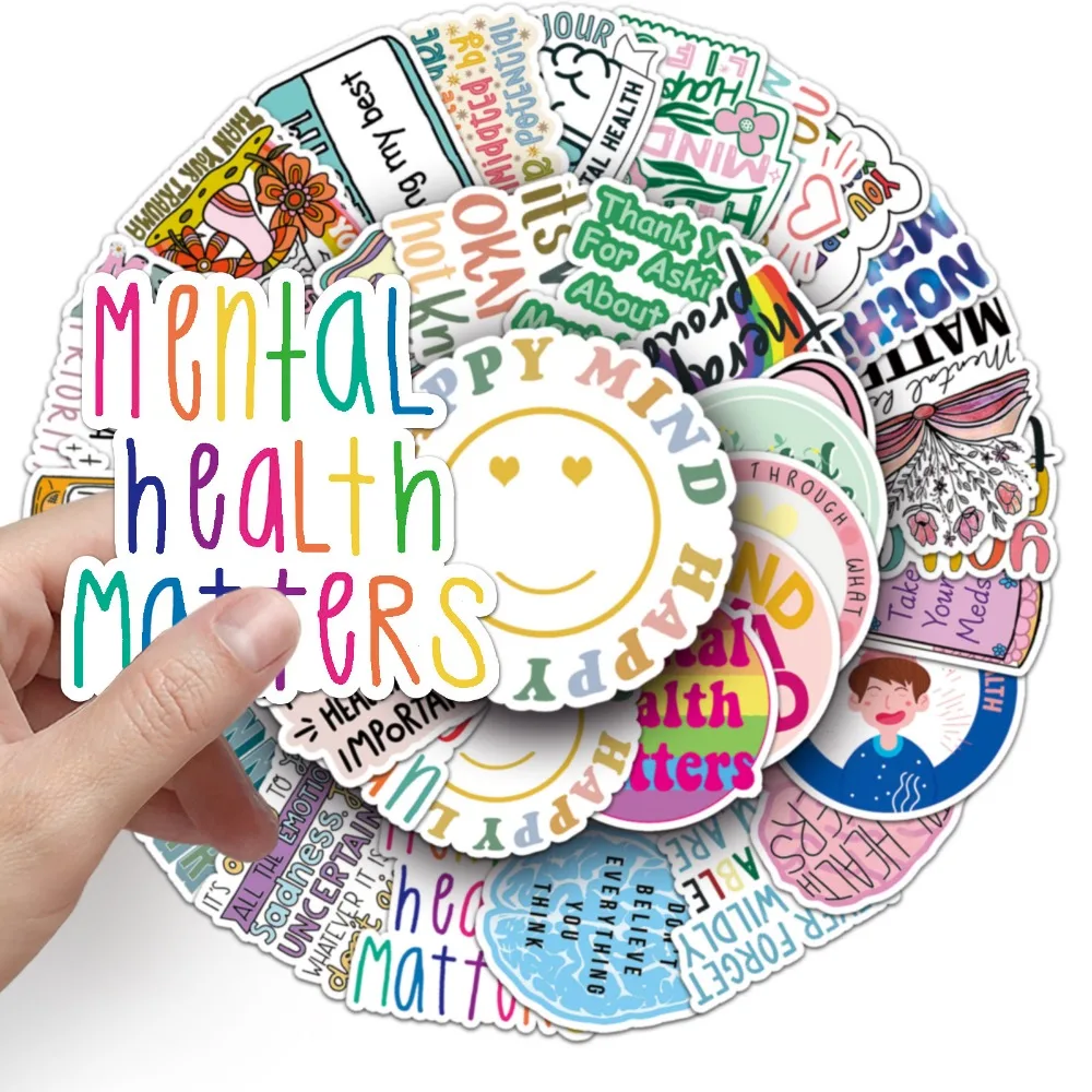 10/50Pcs New Trendy Cartoon Mental Health Text Graffiti Helmet Cup DIY Waterproof PVC Children's Toy Reward Sticker Wholesale