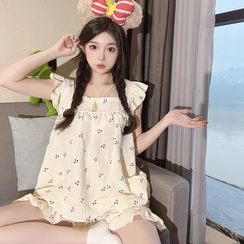 Sweet Princess Style Pajamas Cute Girls Leisure Sleepwear Suit Loose Home Clothing Women Summer New Vest Shorts Two-piece Set