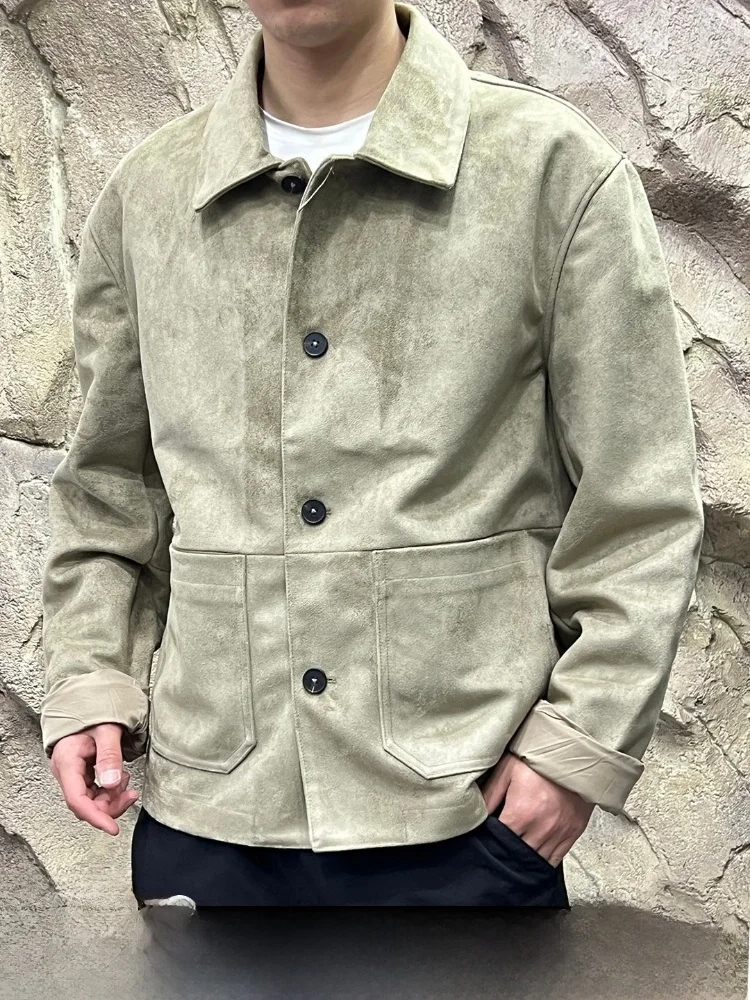 

2026 Spring New Men's Stylish Retro Suede Jacket Collar up Fashionable Casual Long Sleeve Standard Fit Polyester Fiber Coat