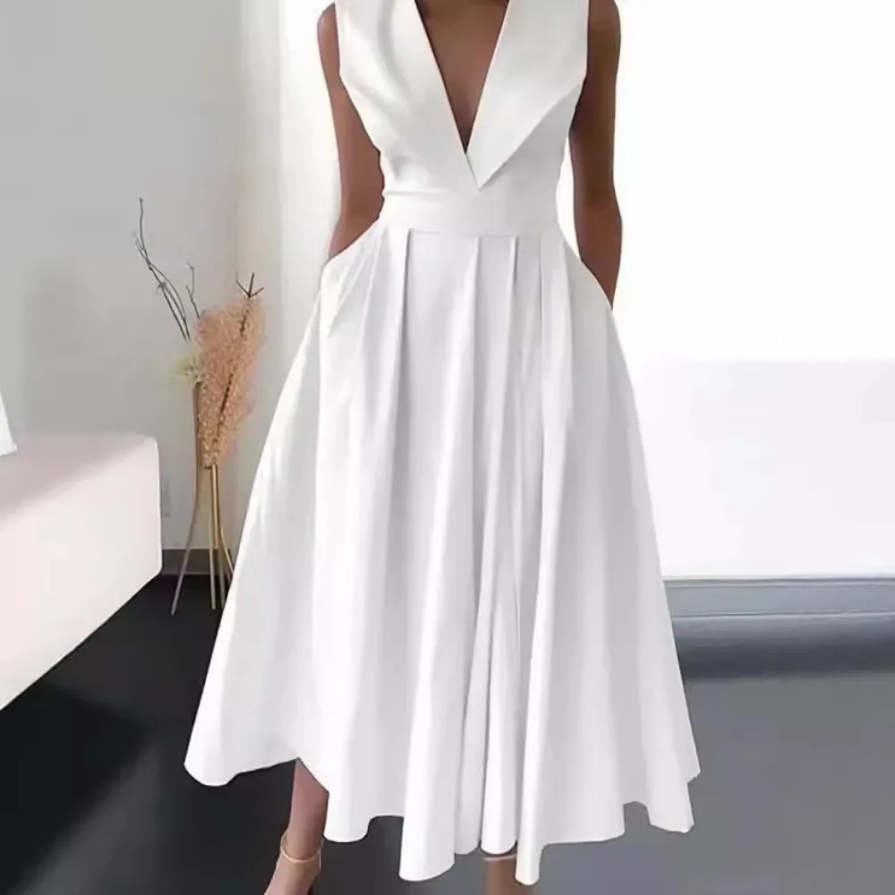 

2025 New Trade Women's Clothing Summer Sleeveless Waist Pocket Pendulum Medium And Long Solid Color Dress