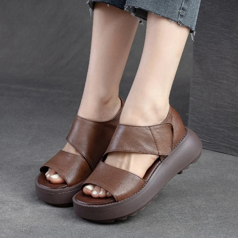 Women\'s Summer Sandals Platform Shoes Wedges Roman Sandals Hook & Loop Women Sandals Pu Leather Retro Shoes Woman 2024 Trend