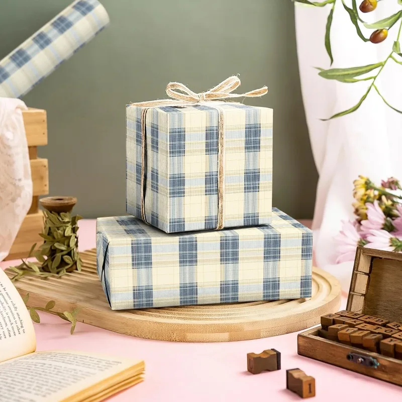 Wrapping Paper Roll With Blue Beige Checkered - Classic Reversible Plaid Gift Wrap For Christmas Holiday, Birthday, Wedding