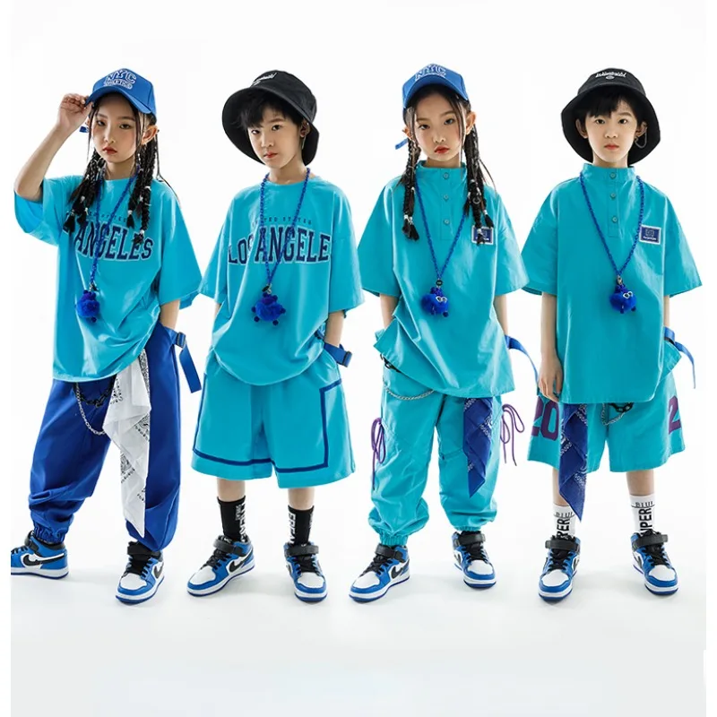 Children Street Dance Kids Hip Hop Clothing Girls Boys Blue Short Sleeves T Shirt Pants Casual Rave Clothes Loose Practice Wear