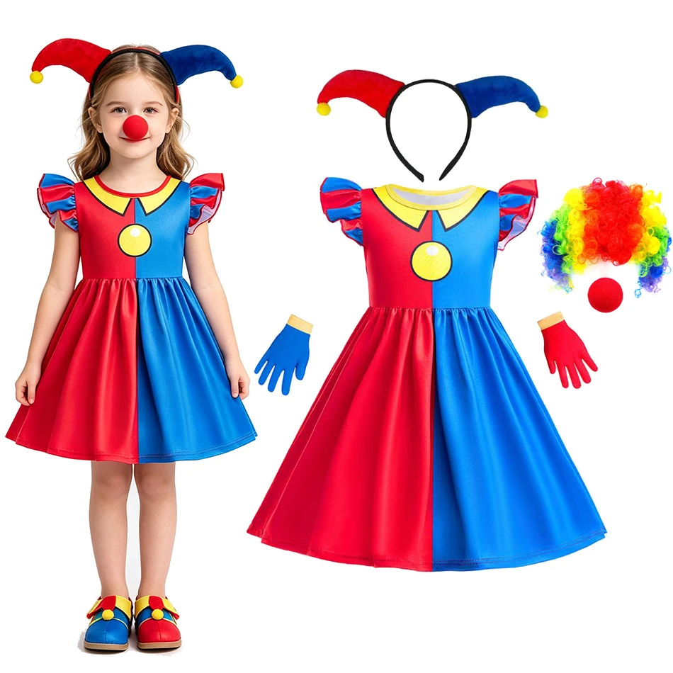Mädchen Clown Cosplay Kleid Farbblock Rüschen Kurzarm Kostüm Kleid Kinder Halloween Karneval Outfit Bühnenauftritt Set