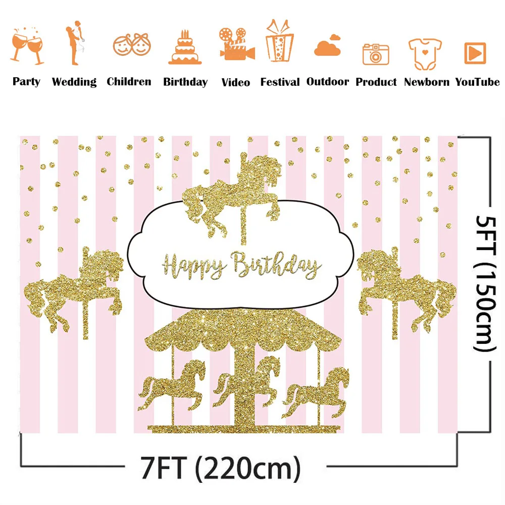 Carousel Birthday Backdrop amusement park glitter happy birthday party decoration banner white and pink stripes photoshoot props